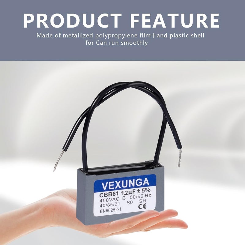 VEXUNGA CBB61 Fan Capacitor 1.2uF 450 Volt Ceiling Fan Capacitors Replacement 1.2MFD 450V AC 450VAC 50/60Hz 2Wire for Fans Motor Start Run (2Pcs) - Image 4